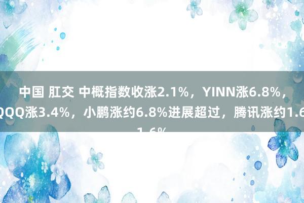 中国 肛交 中概指数收涨2.1%，YINN涨6.8%，CQQQ涨3.4%，小鹏涨约6.8%进展超过，腾讯涨约1.6%